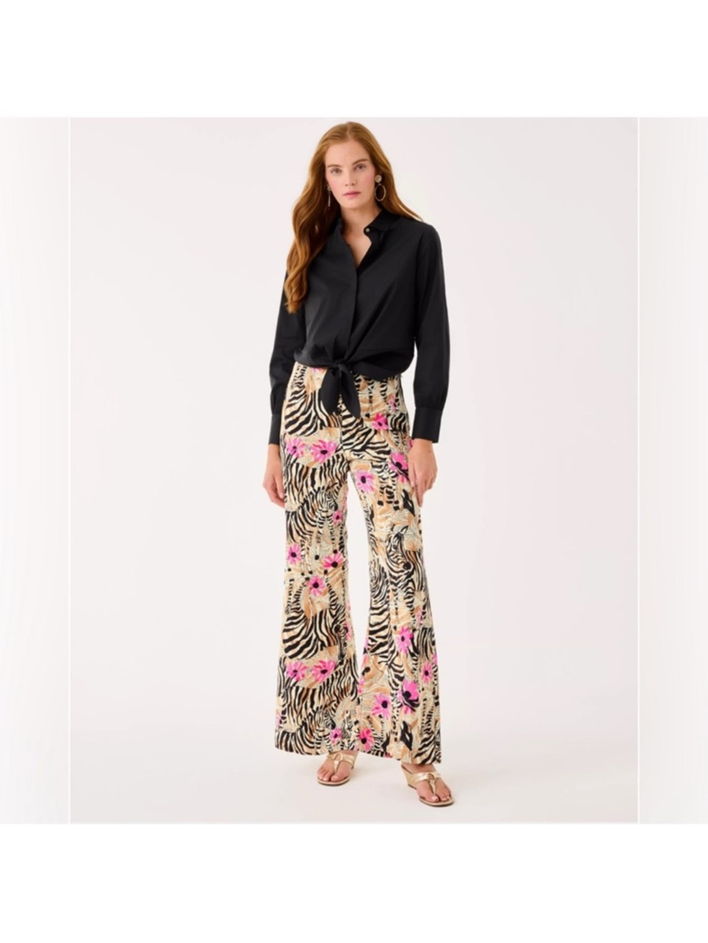 Lilly Pulitzer Beige Zebra Floral Wide-Leg Pants